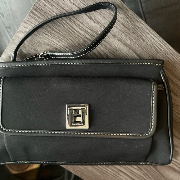 Cole Haan Black Leather Trim Wristlet Clutch Silver Lift Lock Nylon Mini Bag 9” - Picture 2 of 12